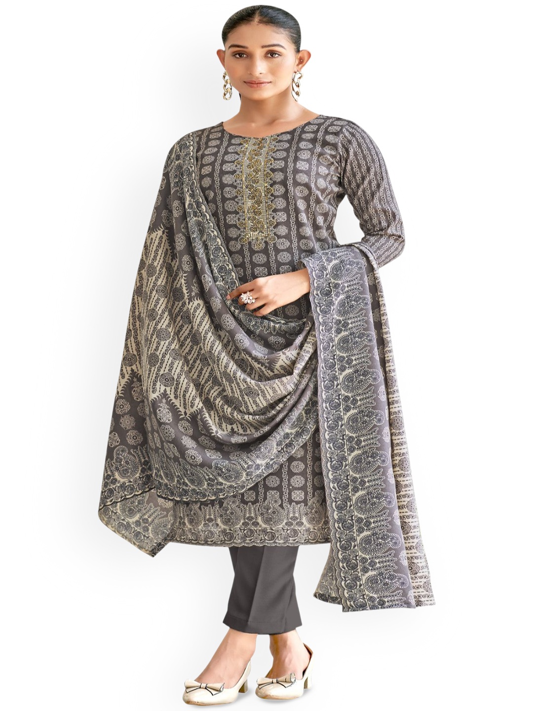 

DRAVINAM Trends Floral Printed Pashmina Unstitched Dress Material, Grey