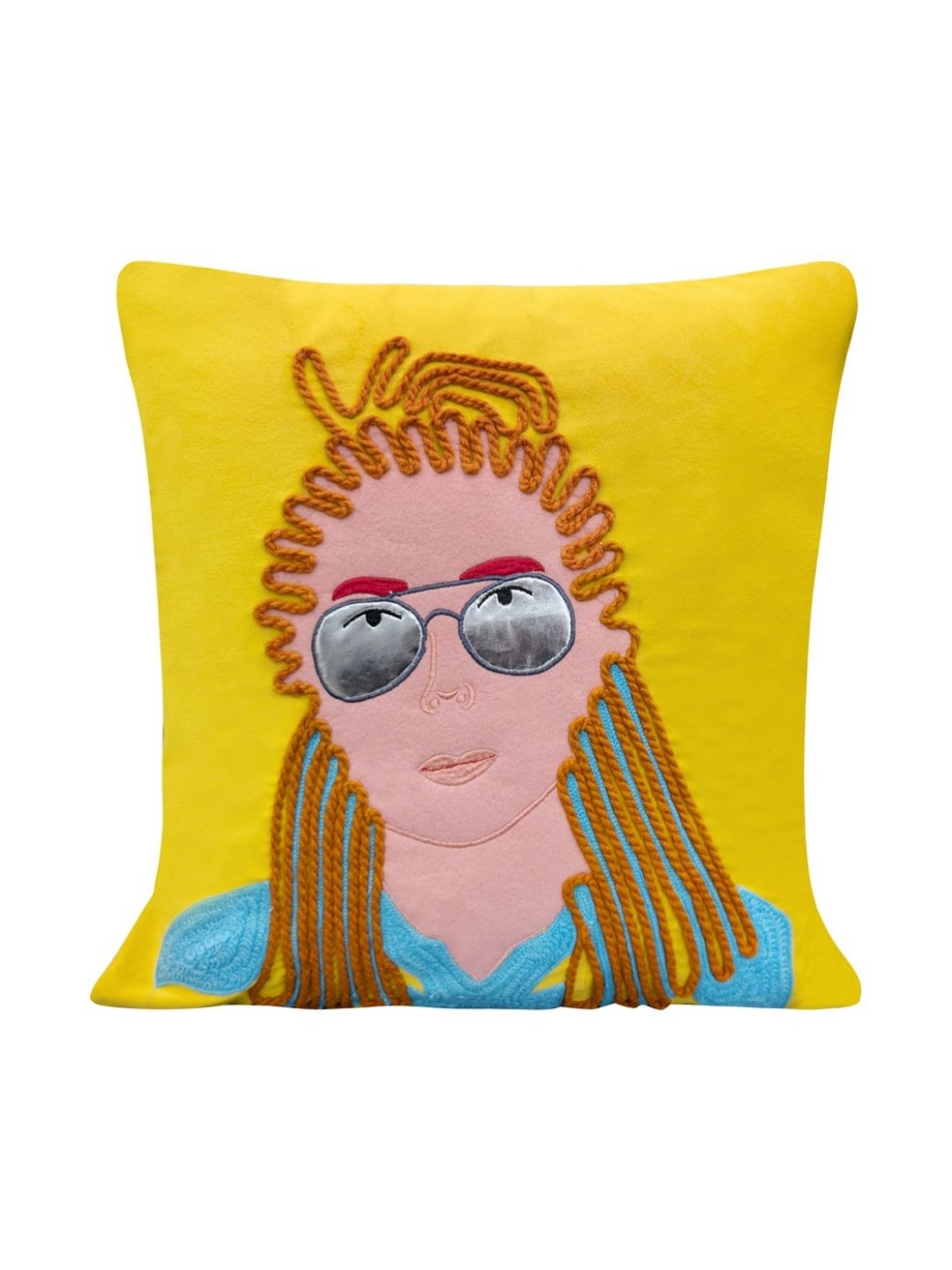 

Good Vibes Yellow & Blue Quirky Embroidered Cotton Square Cushion Covers