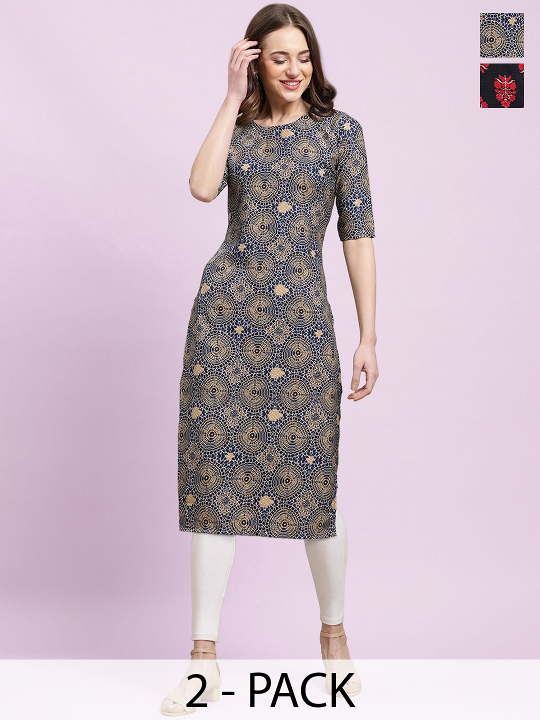

Moda Rapido Navy Blue & Black Selection Of 2 Ethnic Motifs Printed Straight Kurtas