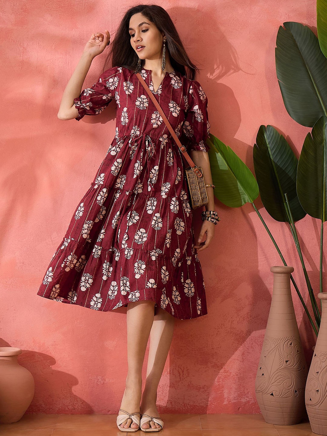 

Sangria Printed Pure Cotton A-Line Ethnic Dress, Maroon
