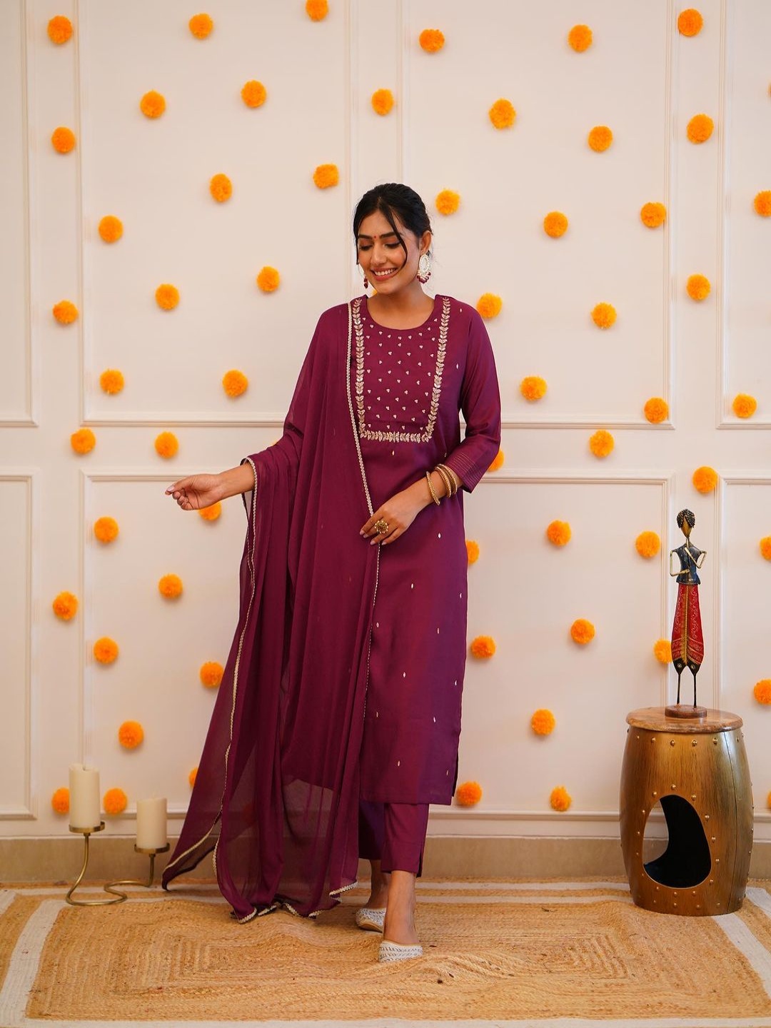 

Moda Rapido Floral Embroidered Gotta Patti Kurta With Trousers And Dupatta, Maroon