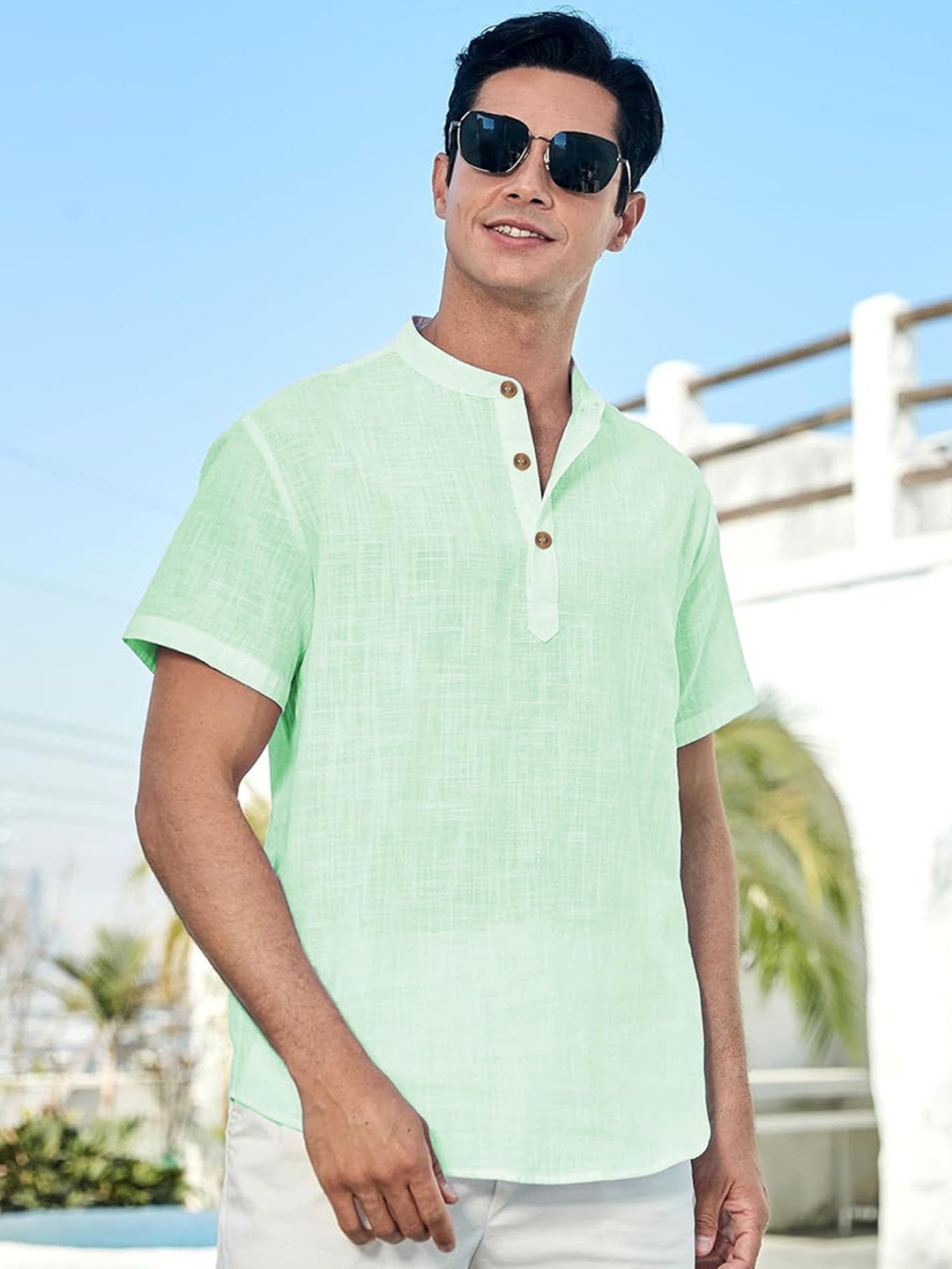 

Vida Loca Cotton Band Collar Slim Fit Short Kurta, Lime green