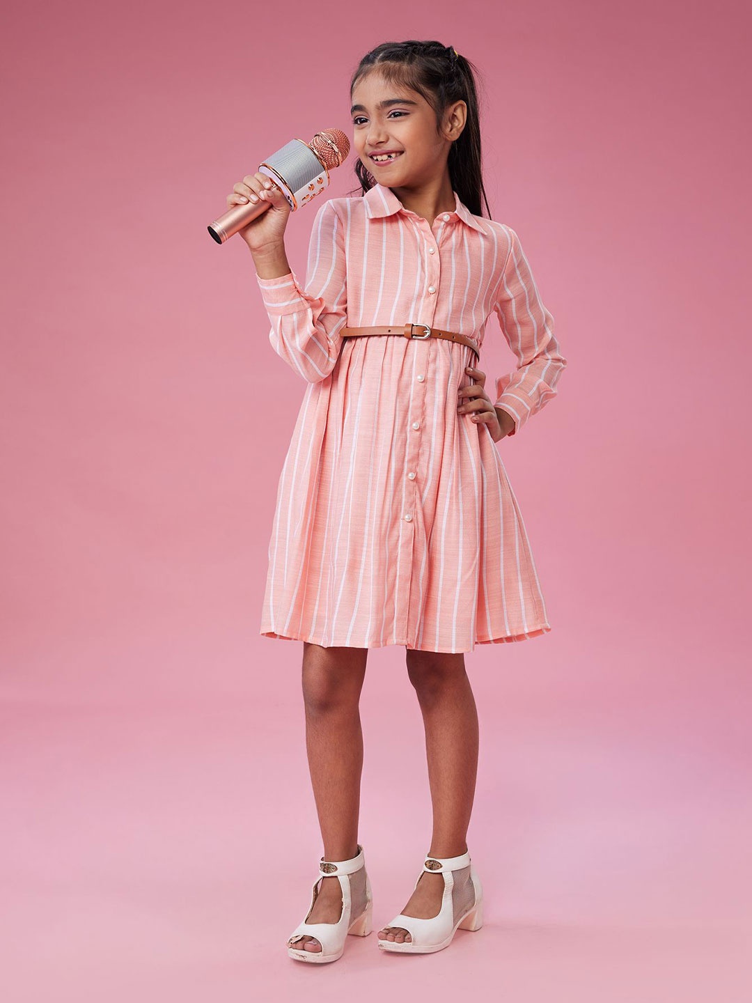 

MASTARANG Striped Full Sleeve Shirt Dress with Belt, Peach