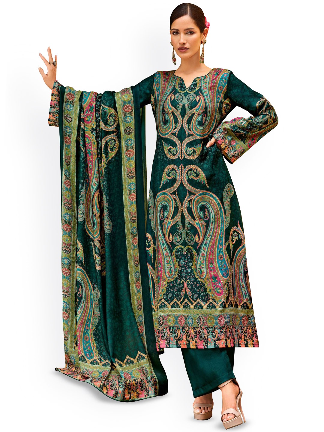 

DRAVINAM Trends Paisley Printed Pashmina Unstitched Dress Material, Green