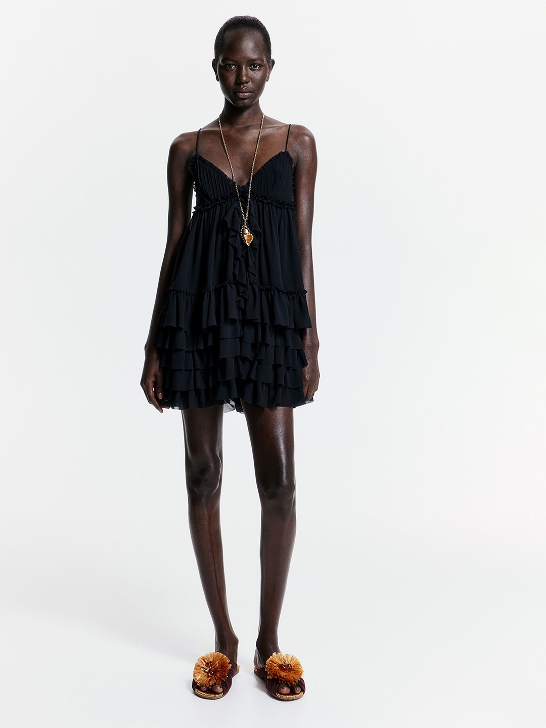 

H&M Ruffled Chiffon Strappy Dress, Black