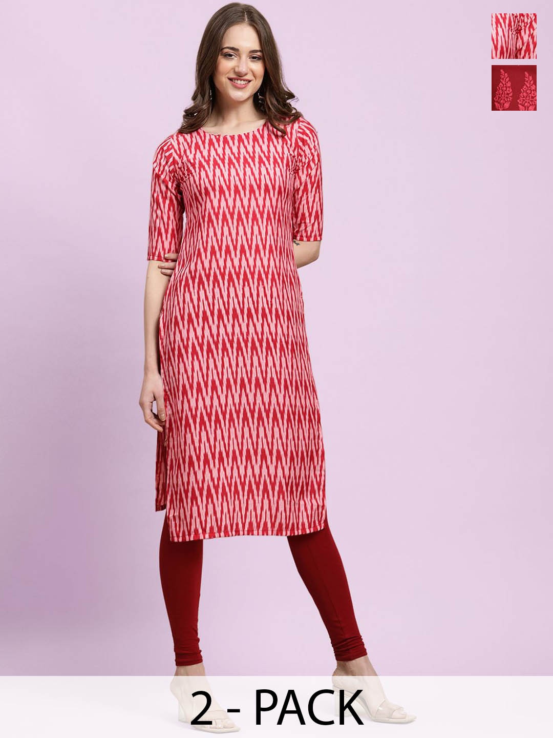 

Moda Rapido Red Selection of 2 Geometric Printed Straight Kurtas