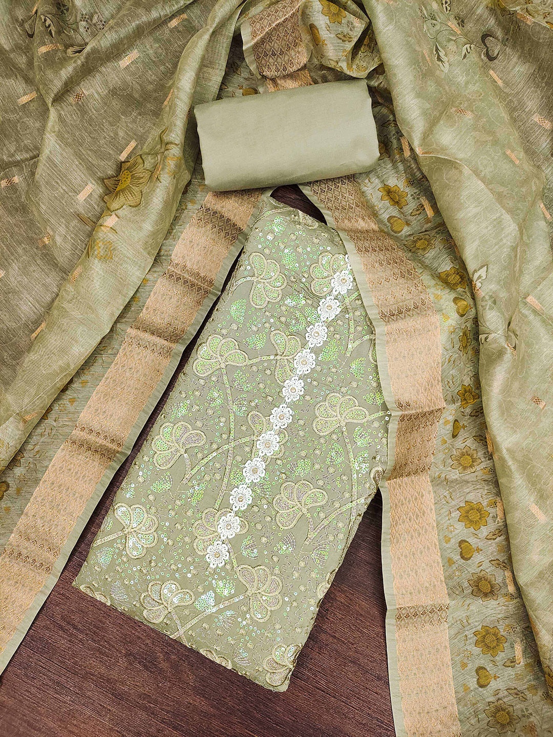 

KALINI Embroidered Pure Silk Unstitched Dress Material, Green