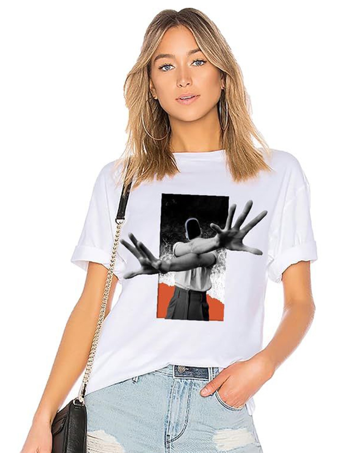 

VLAM Women Printed Extended Sleeves Applique T-shirt, White