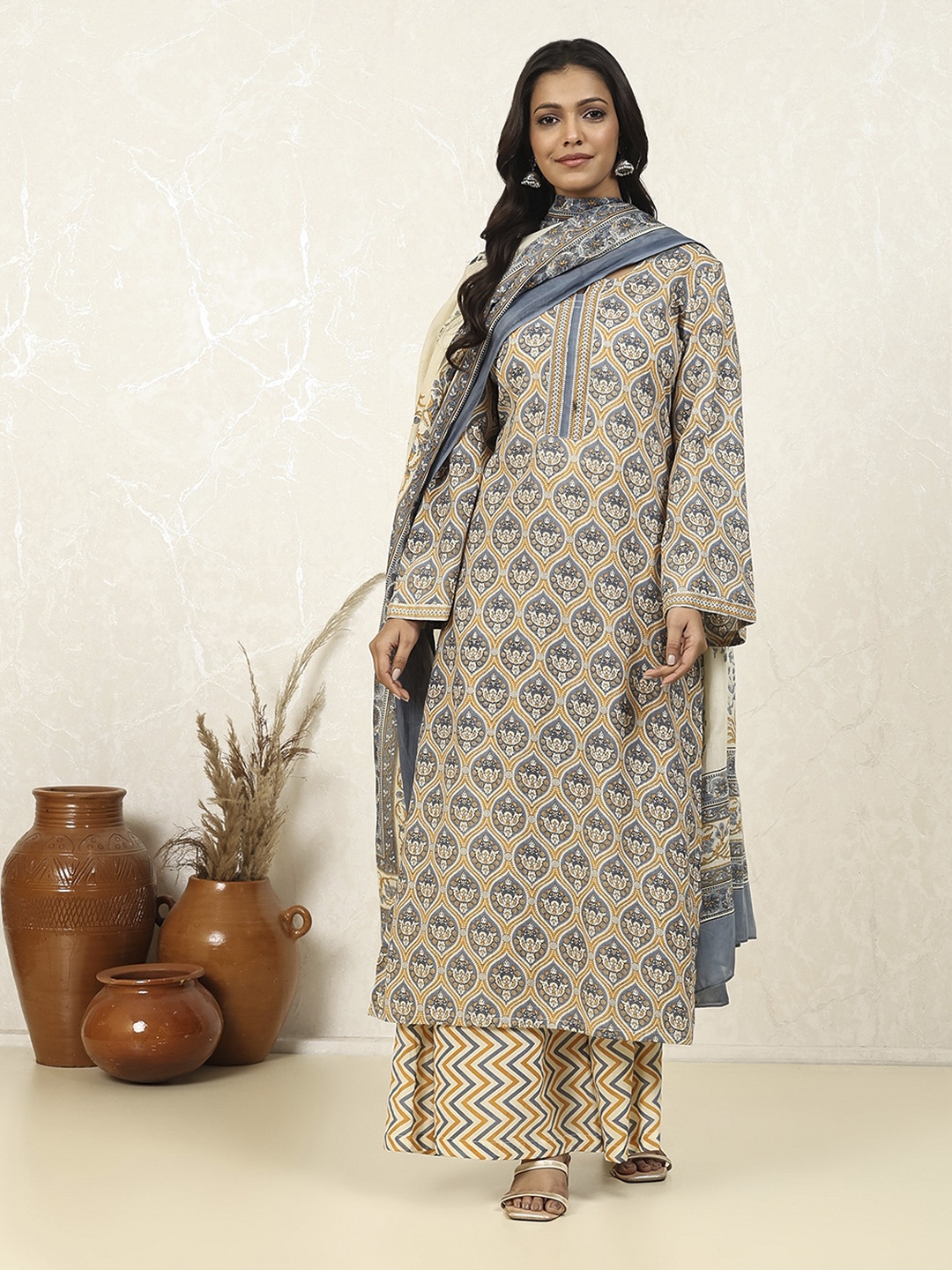 

Biba Ethnic Motifs Printed Pure Cotton Unstitched Dress Material, Blue