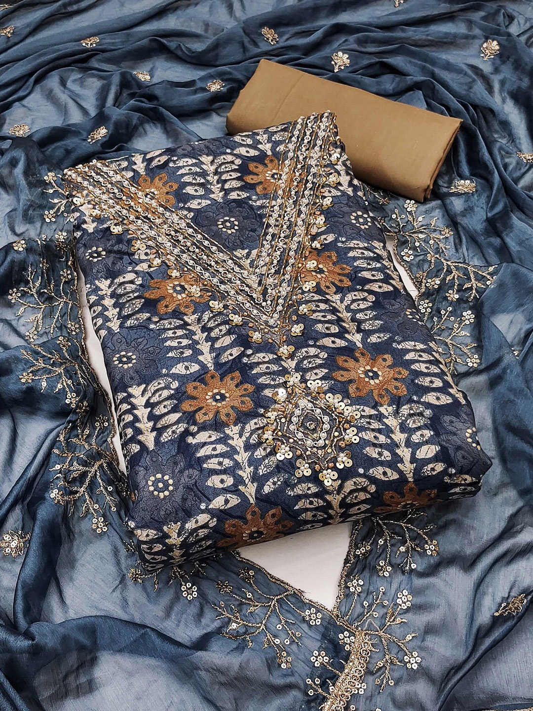

KALINI Printed Pure Cotton Unstitched Dress Material, Blue