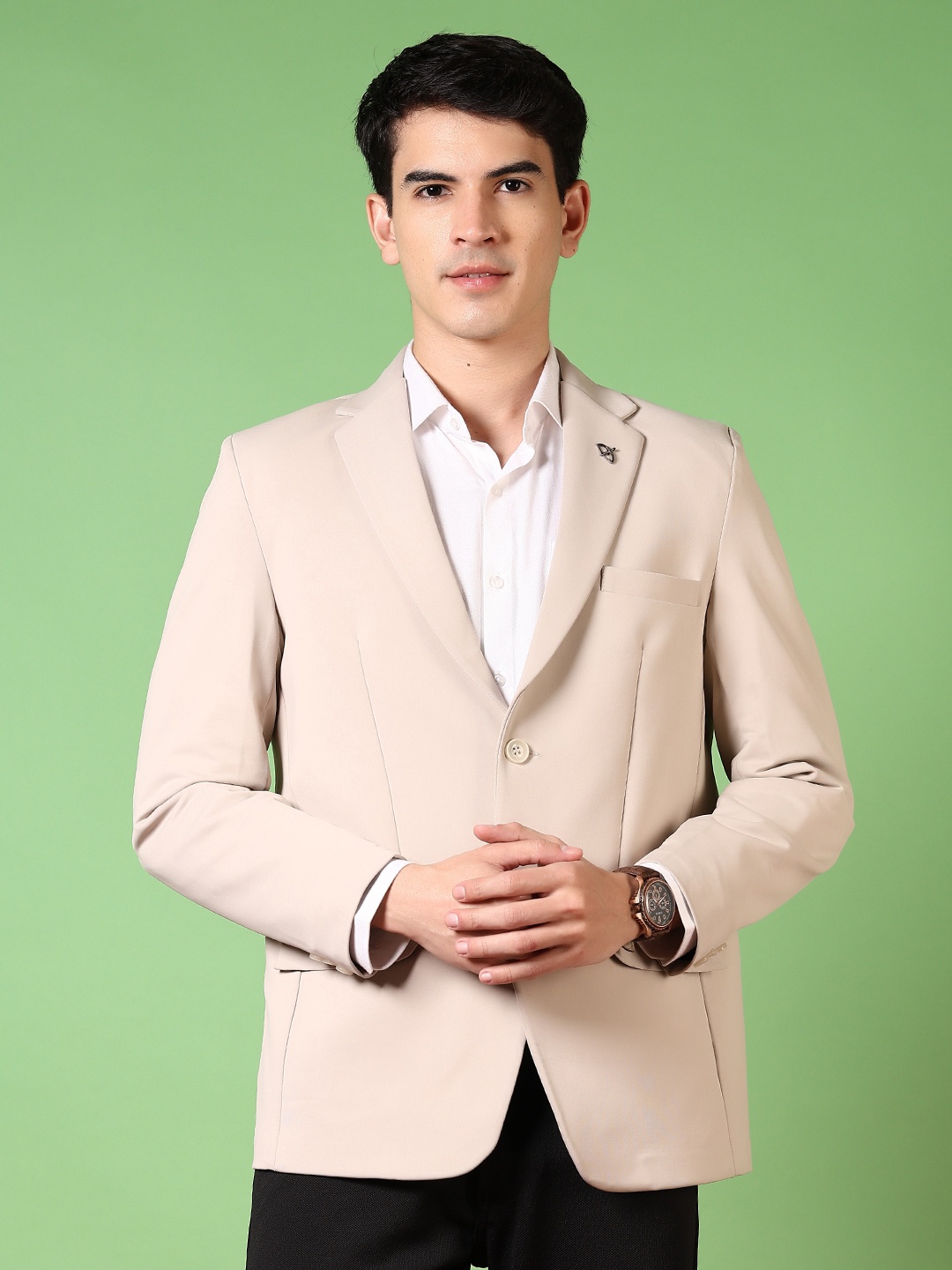 

V-Mart Cotton Notched Lapel Collar Single Breasted Blazer, Beige