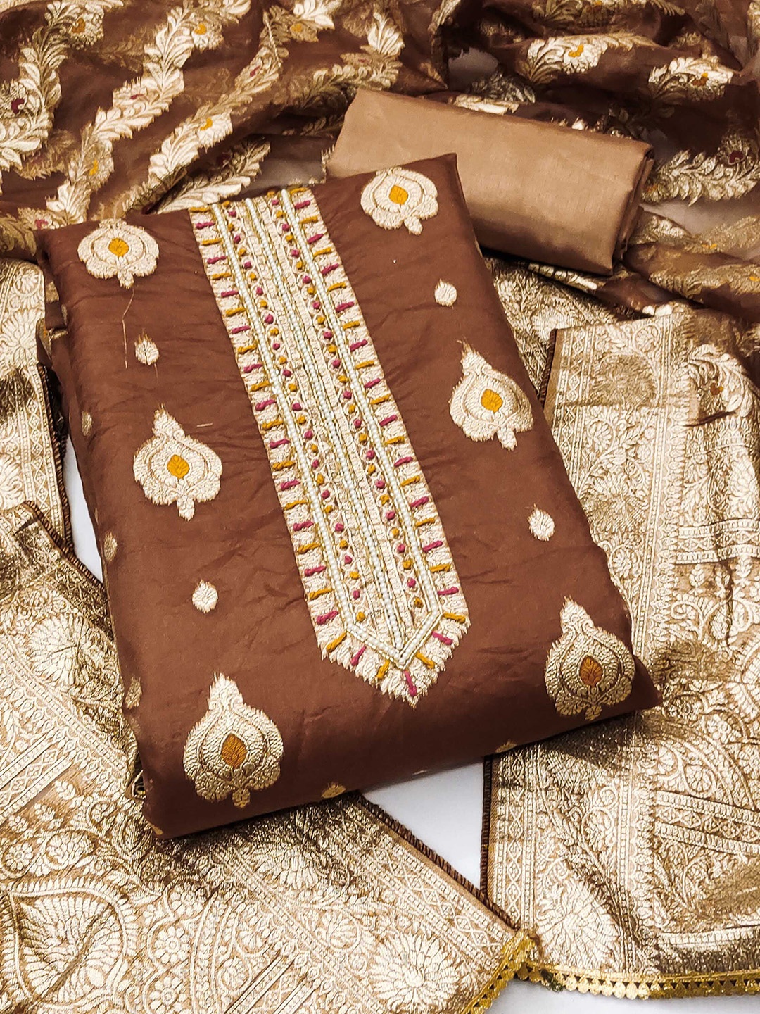 

KALINI Organza Unstitched Dress Material, Brown