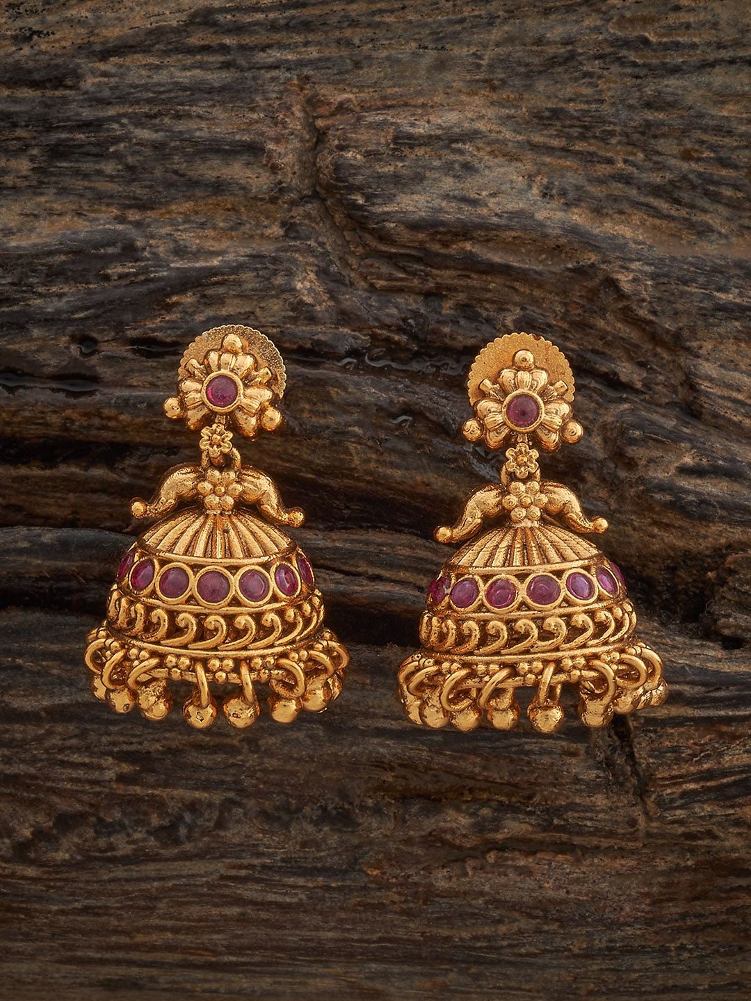 

Kushal's Fashion Jewellery Ruby Gold-Plated Dome Shaped Antique Jhumkas Earrings