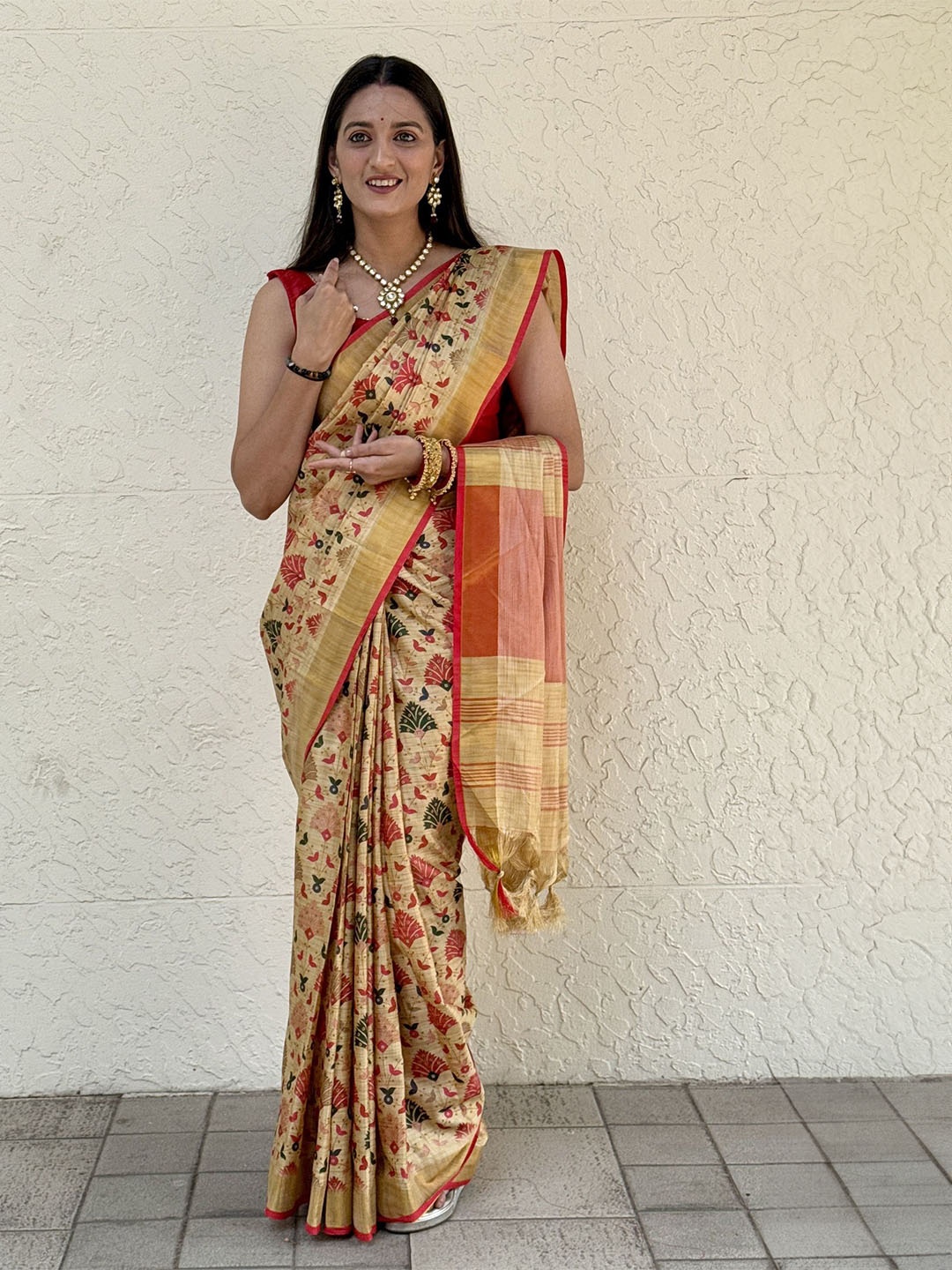 

A TO Z CART Floral Zari Silk Cotton Chanderi Saree, Cream