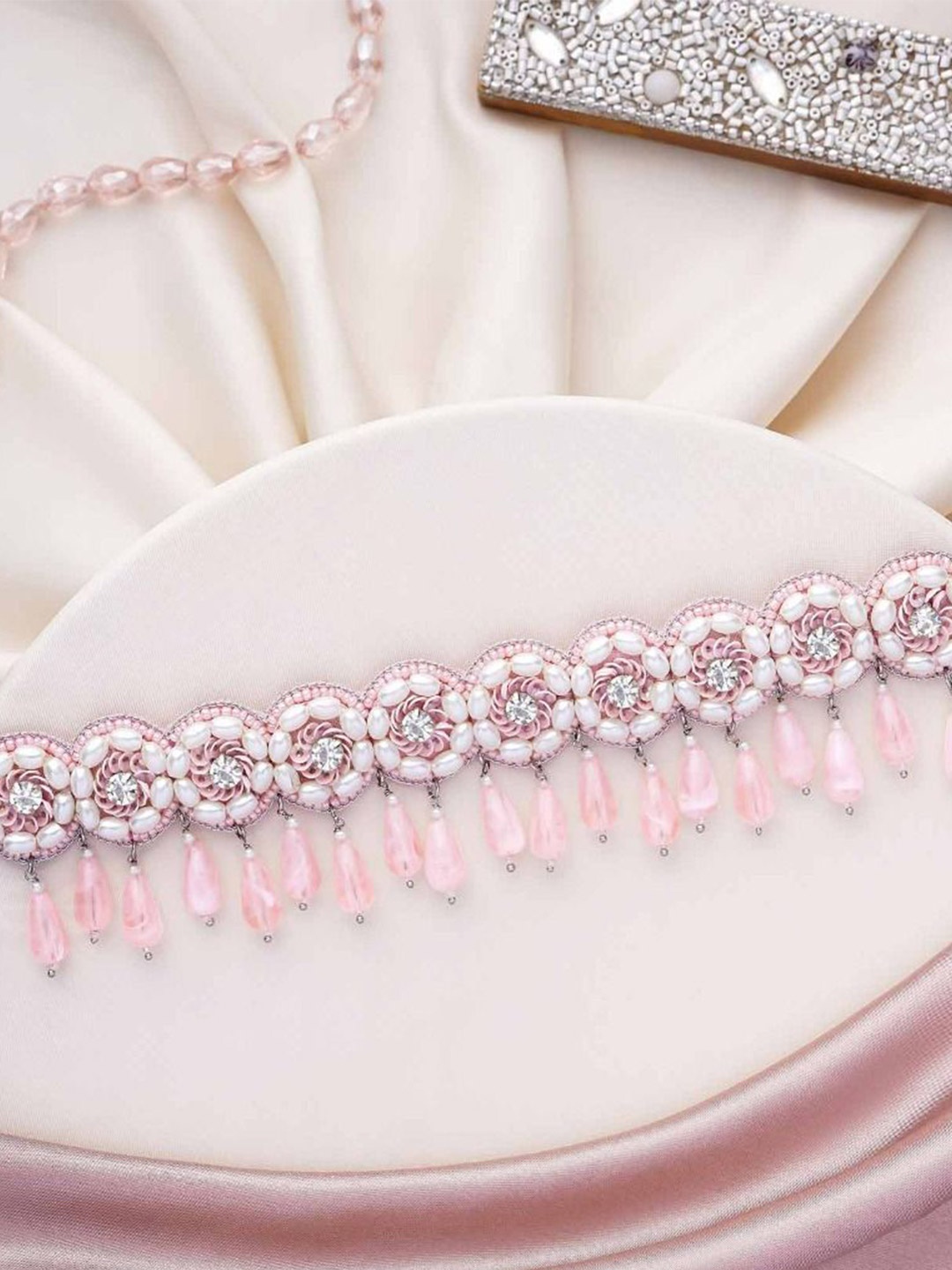 

EVERSTYLISH Sanjoya Stone, Beads & Glass Drops Embroidered Neckpiece, Pink