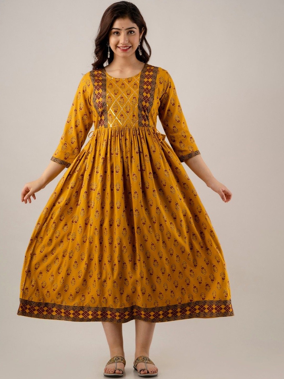 

TROPWEAR Floral Printed Round Neck Maternity Fit And Flare Ethnic Dresses, Yellow