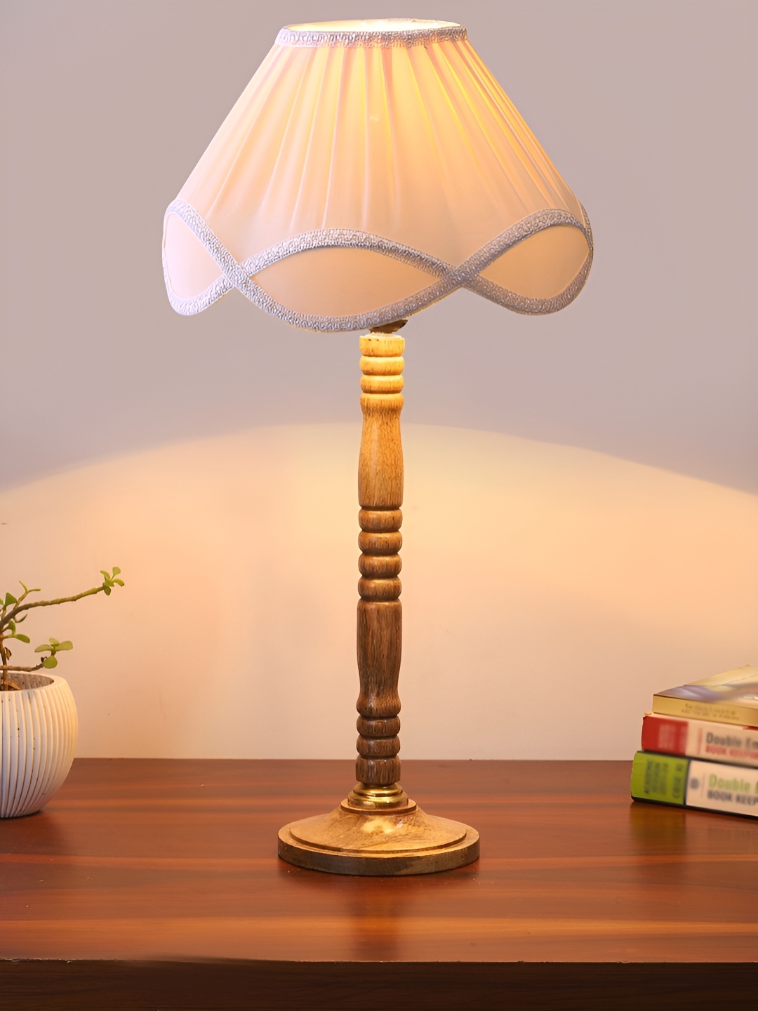

Devansh Off White & Brown Wooden Contemporary Frustum Shaped Table Lamp