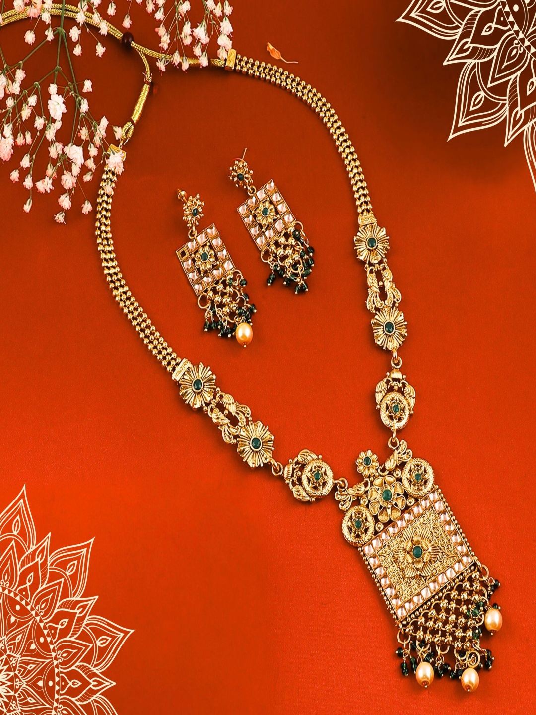 

ORANGENYSHA Gold Plated Kundan Stone Studded & Beaded Jewellery Set