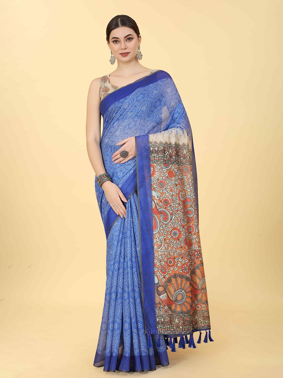 

DIVASTRI Kalamkari Chanderi Saree, Blue