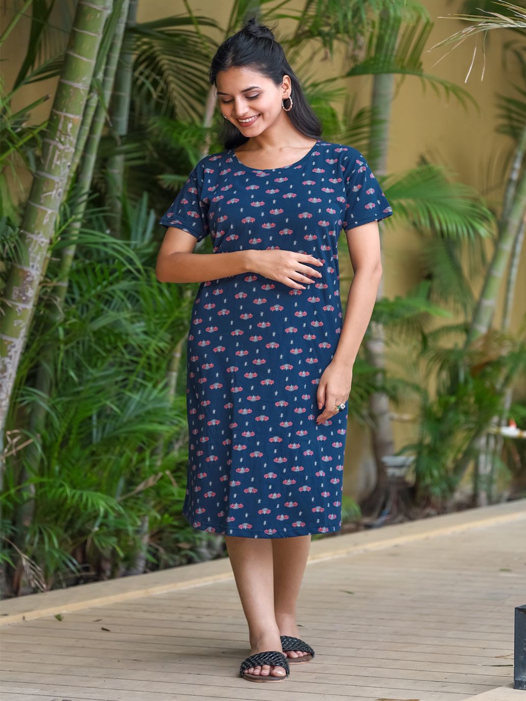 

SWEET MOON Graphic Printed Midi Nightdress, Navy blue