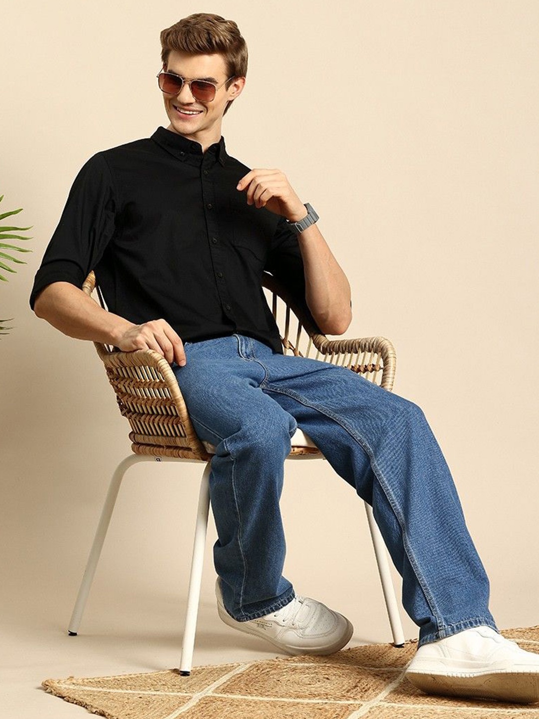 

NANCHI Men Semi Sheer Casual Shirt, Black