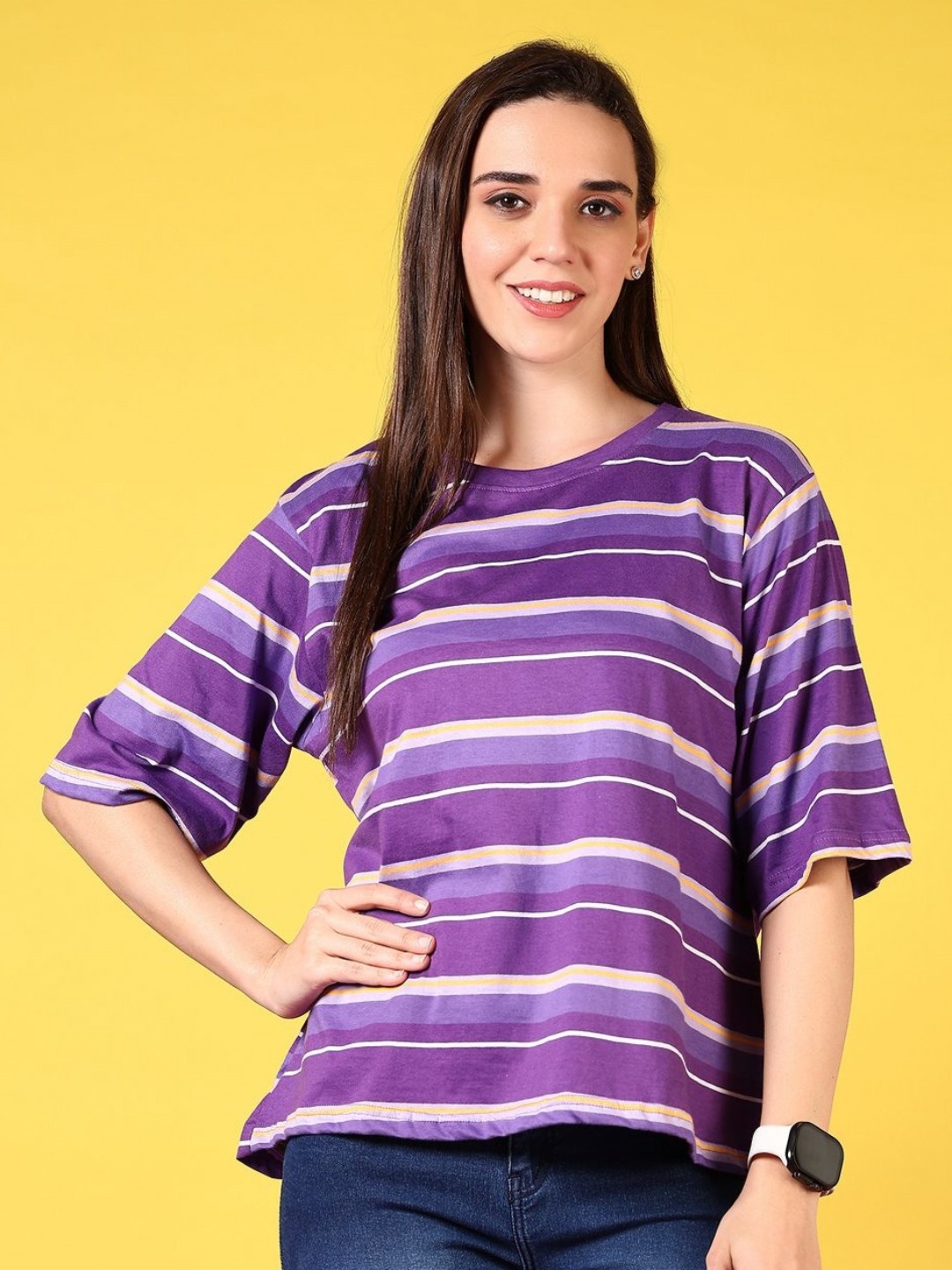 

V-Mart Women Striped Round Neck Cotton Relaxed Fit T-shirt, Purple