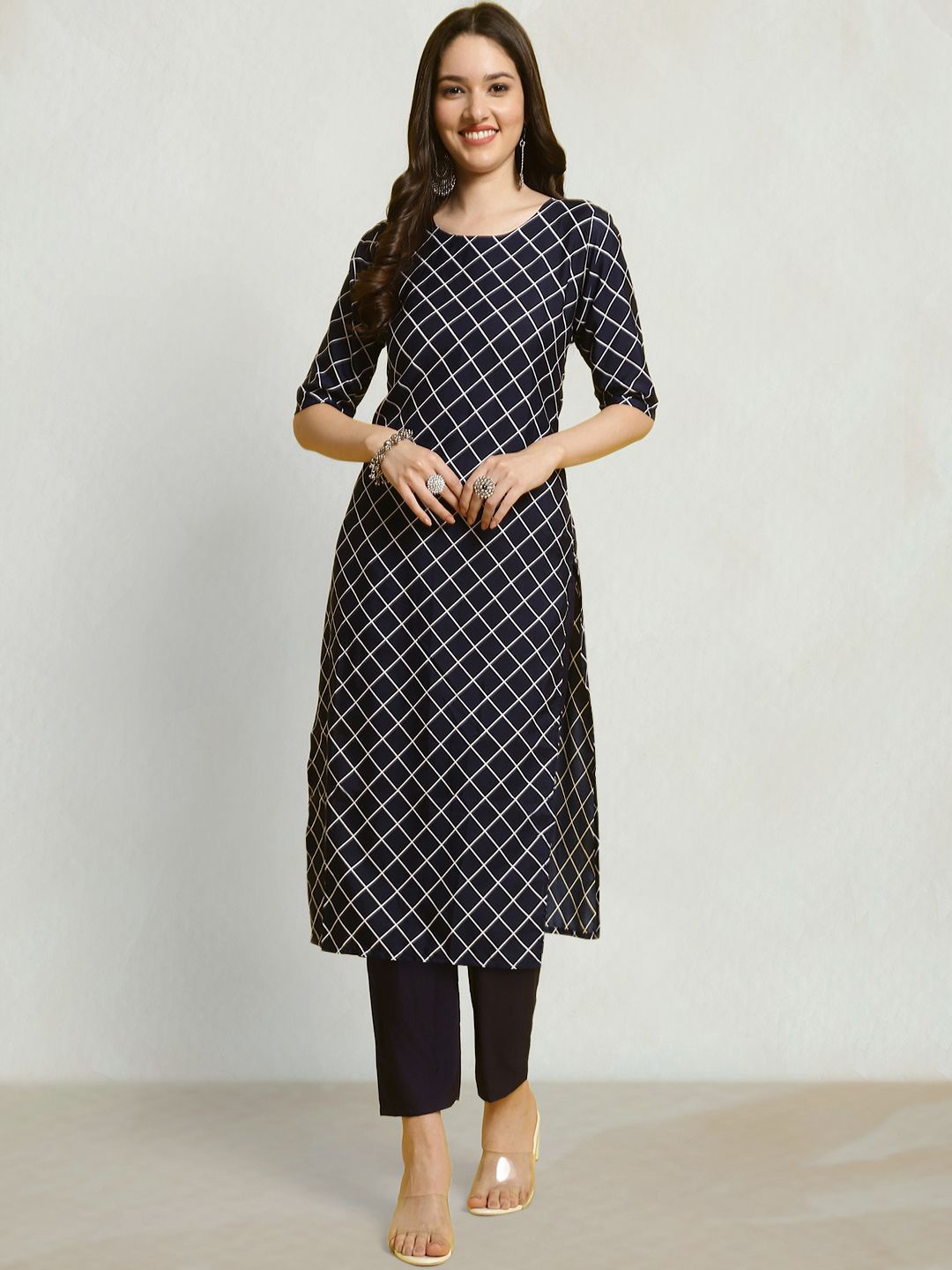

Moda Rapido Checked Round Neck Straight Kurta, Navy blue
