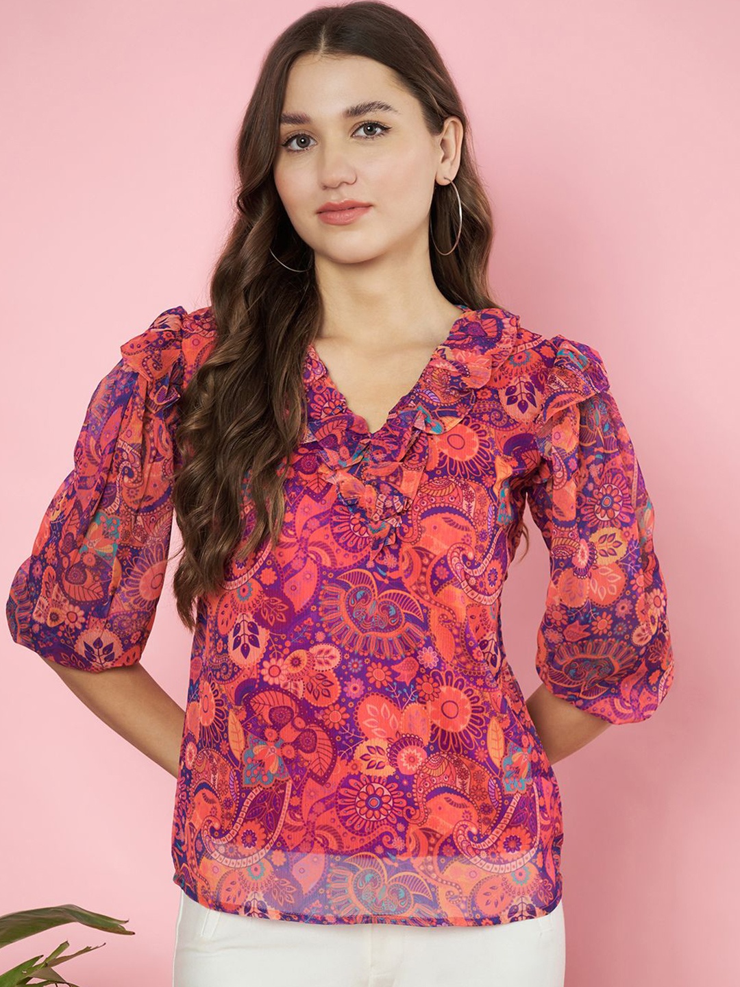 

Fbella Floral Print Chiffon Top, Maroon