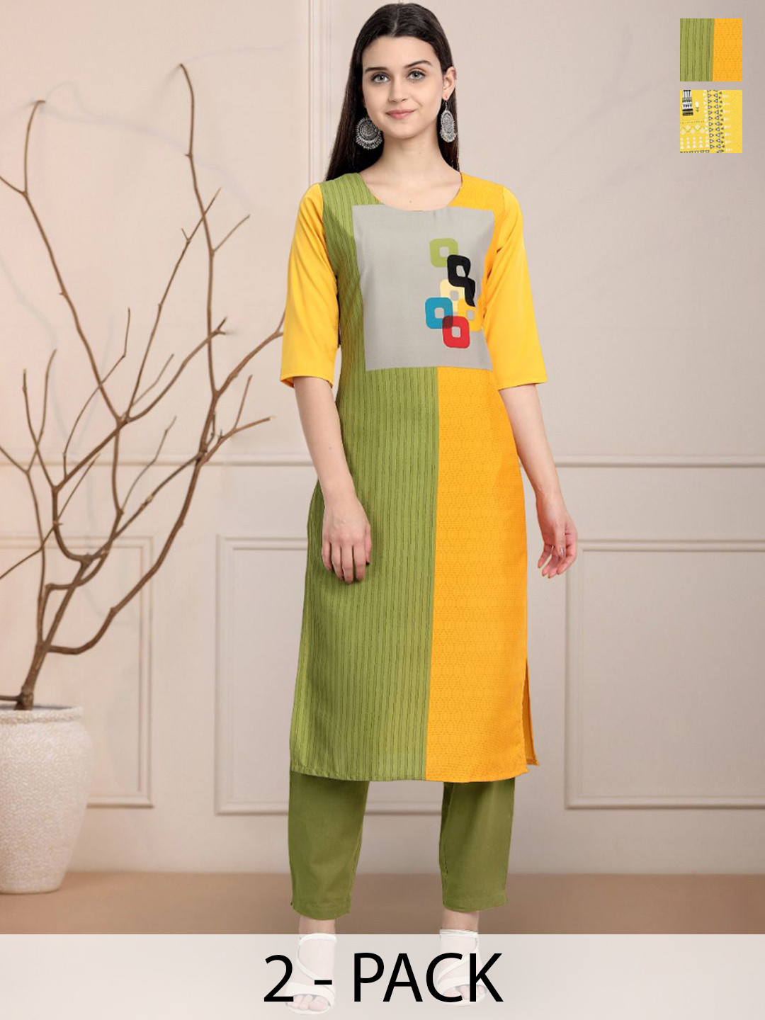 

Moda Rapido Green & Yellow Selection Of 2 Colourblocked Printed Straight Kurtas