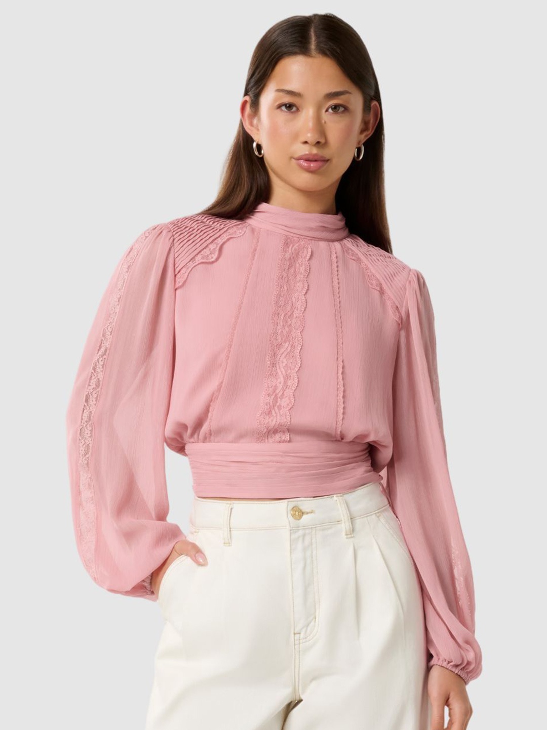 

Forever New Bishop Sleeves Blouson Crop Top, Pink