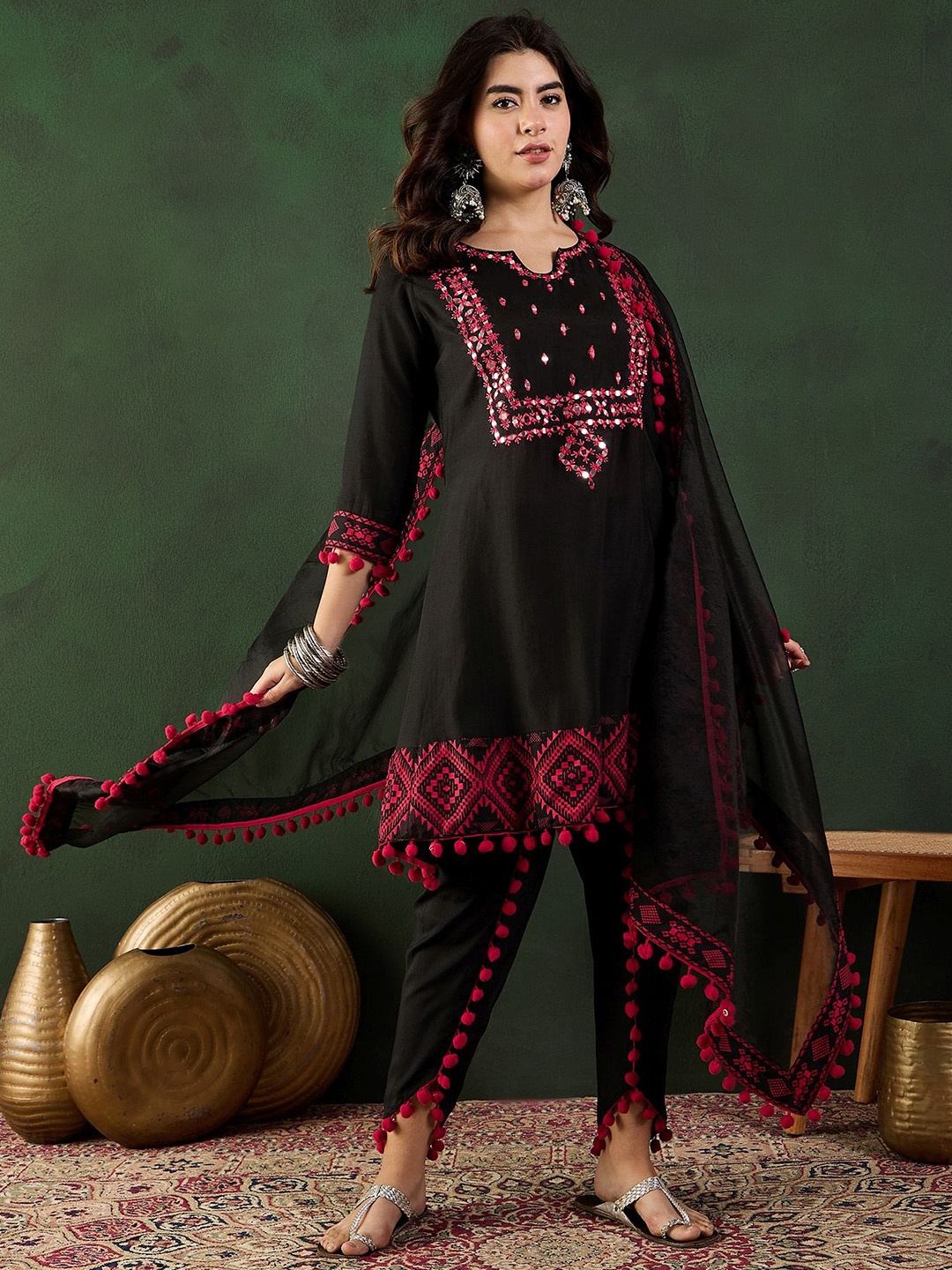 

Sangria Black Notch-Neck Mirror Work Chanderi Silk Kurta With Dhoti Pant And Dupatta