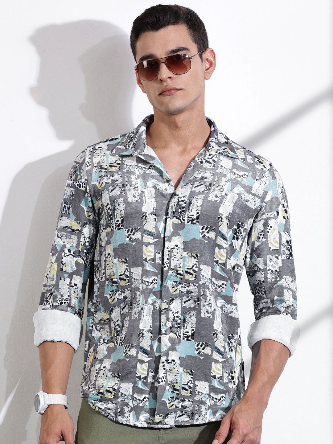 

Thomas Scott Men Classic Slim Fit Opaque Printed Casual Shirt, Grey