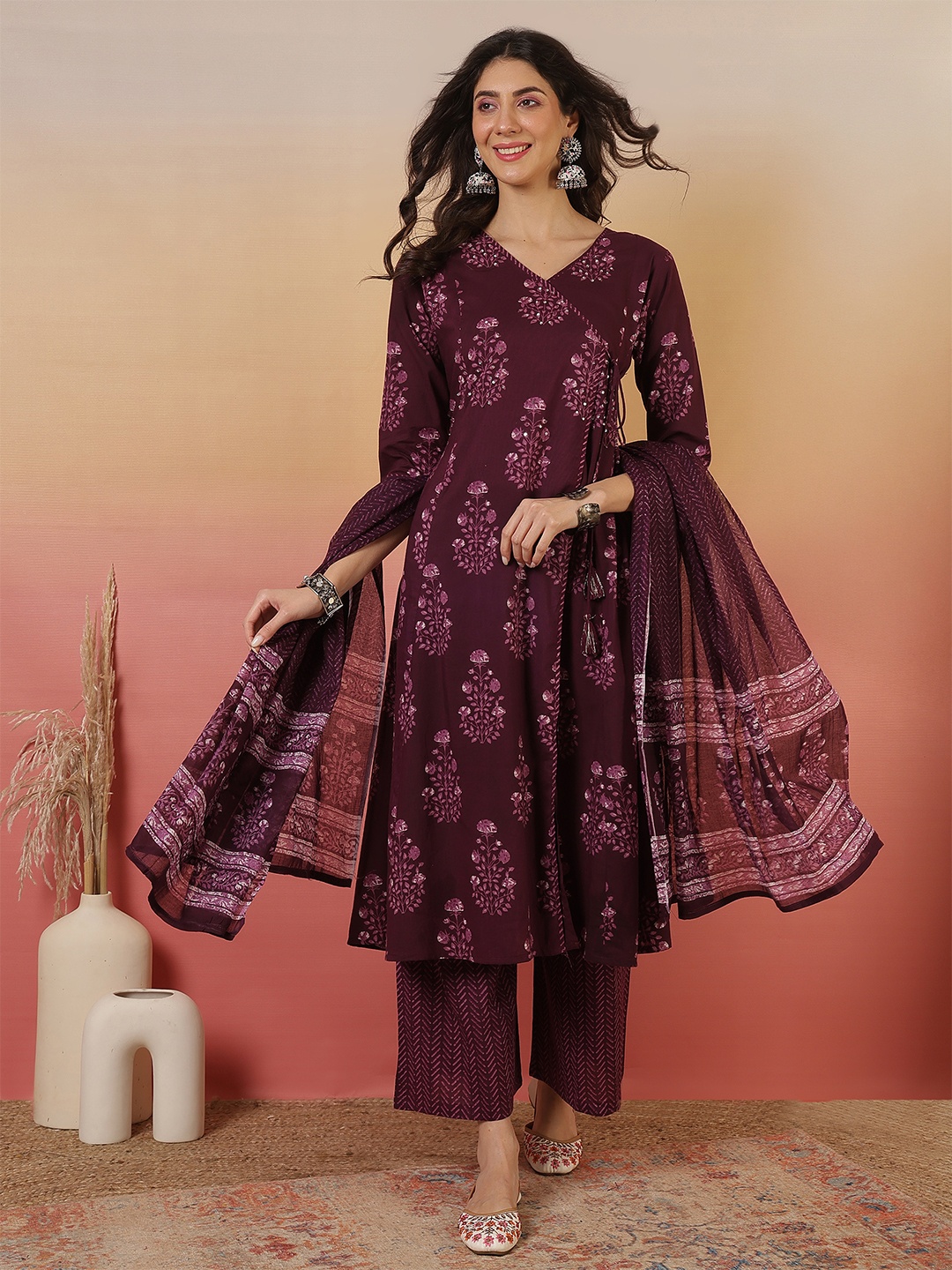 

Sangria Printed Straight Kurta With Trousers & Dupatta, Purple