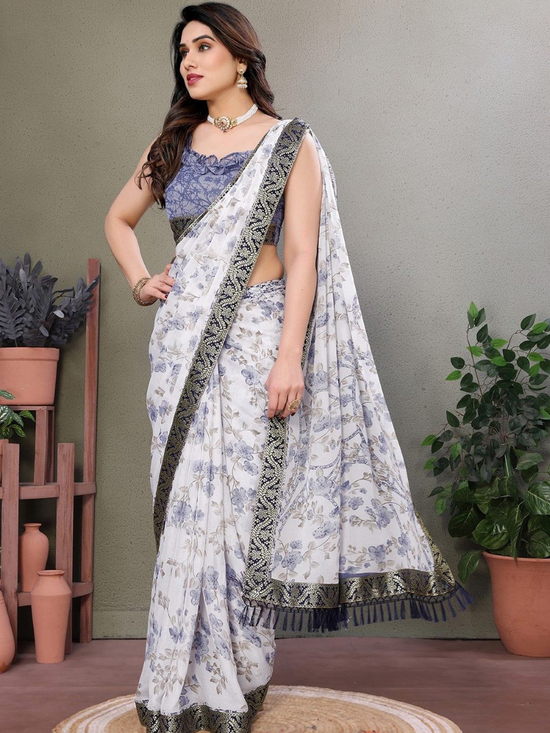 

KALINI Floral Zari Poly Georgette Saree, Grey