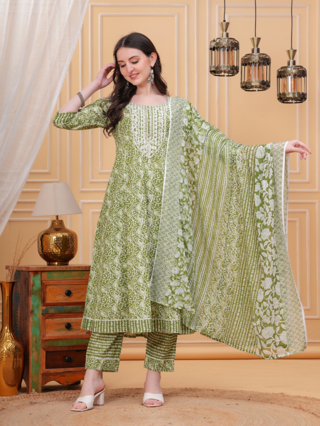 

KALINI Floral Printed Anarkali Kurta With Trousers And Dupatta, Olive