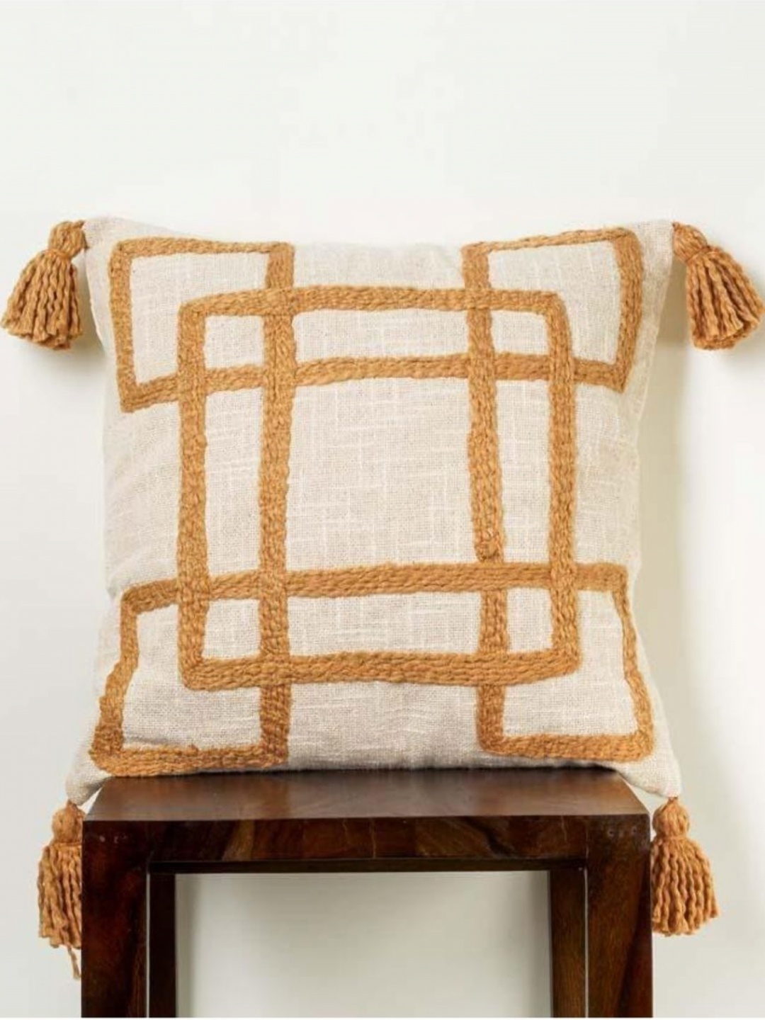 

Aura Beige & Brown Geometric Embroidered Cotton Square Cushion Cover