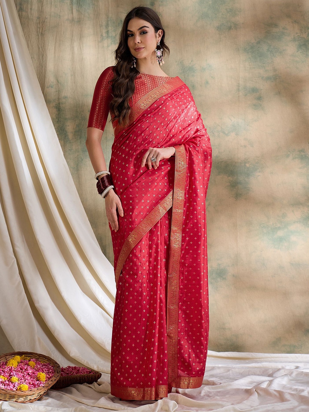 

DEVATITHI Ethnic Motifs Zari Silk Blend Red Vichitra Saree