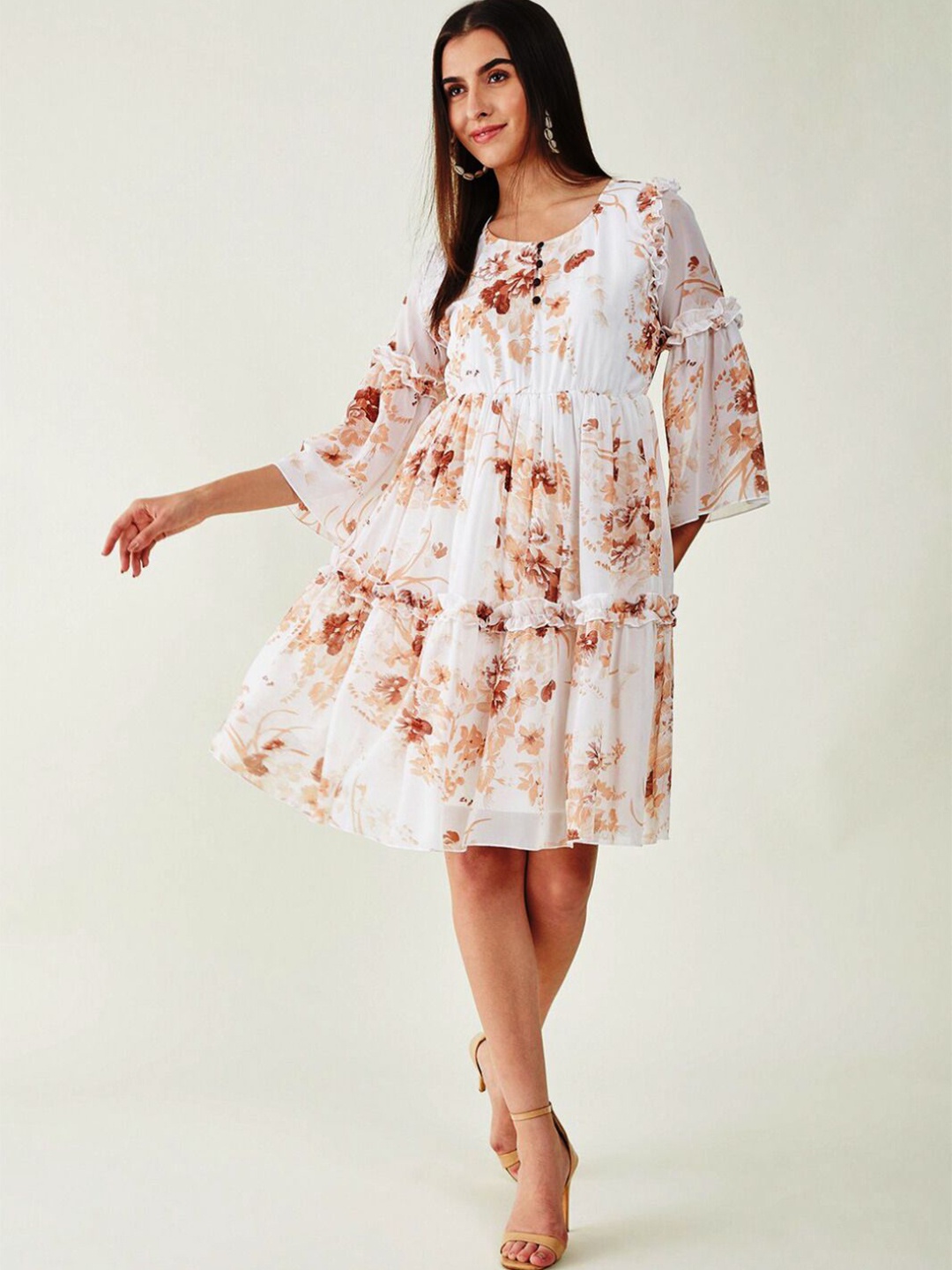 

Louis Bayrad Floral Print Georgette Fit & Flare Dress, Brown