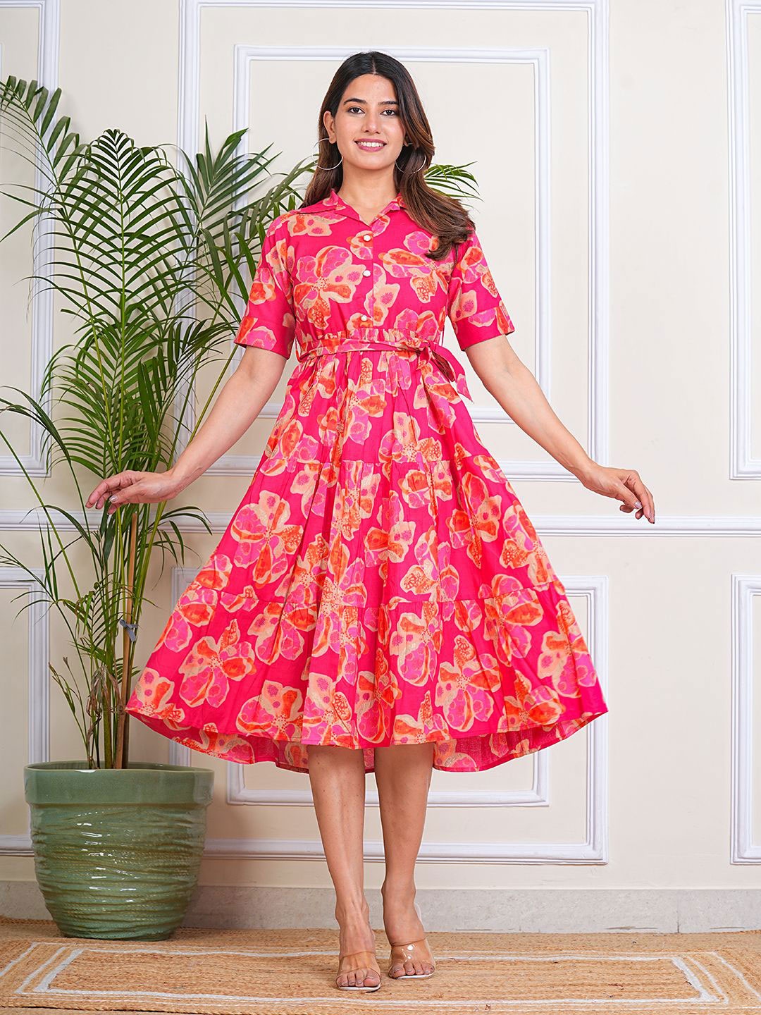 

Kraniky Apparels Printed Cotton Knee Length Ethnic Dresses, Pink