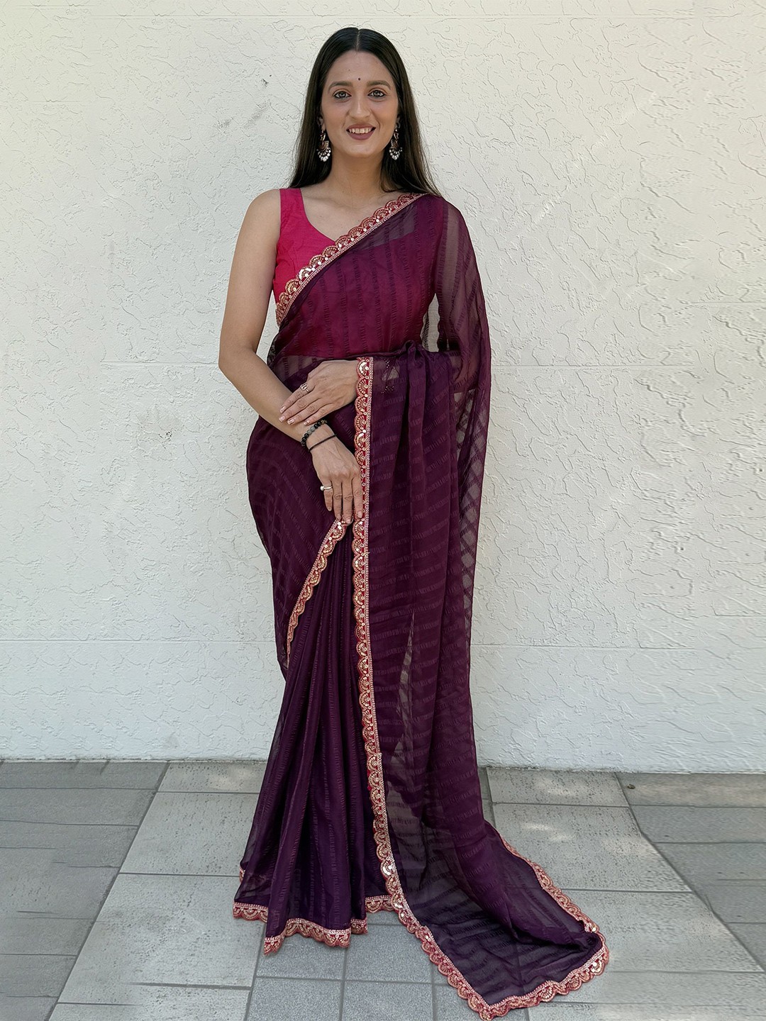 

LADY SHOPI Striped Sequinned Pure Chiffon Saree, Purple
