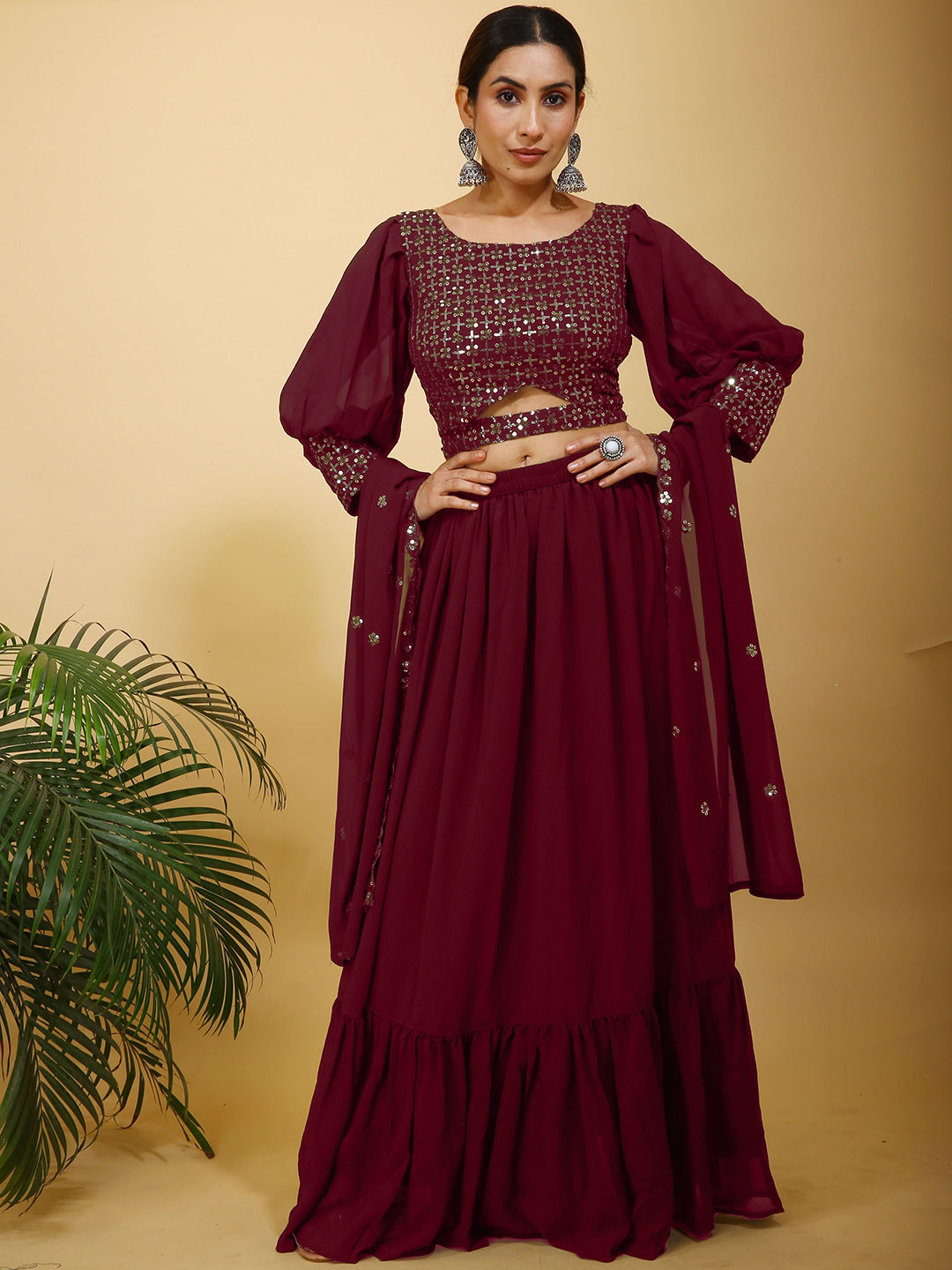 

SANCIA Floral Embroidered Sequins Top With Skirt And Dupatta, Maroon