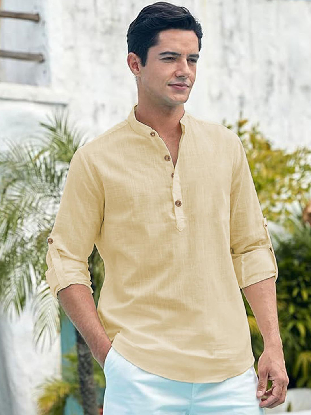 

Vida Loca Cotton Band Collar Slim Fit Short Kurta, Beige