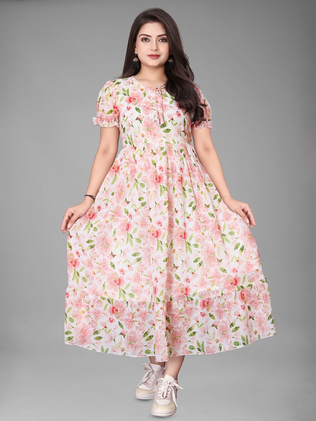 

KRISHTI CREATION Floral Print Puff Sleeve Georgette Fit & Flare Maxi Dress, White