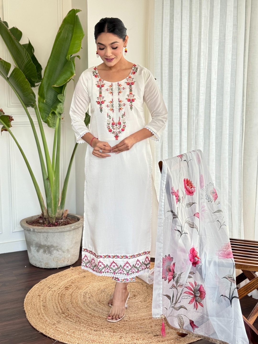 

Moda Rapido White Floral Embroidered Chanderi Silk Straight Kurta With Trouser And Dupatta