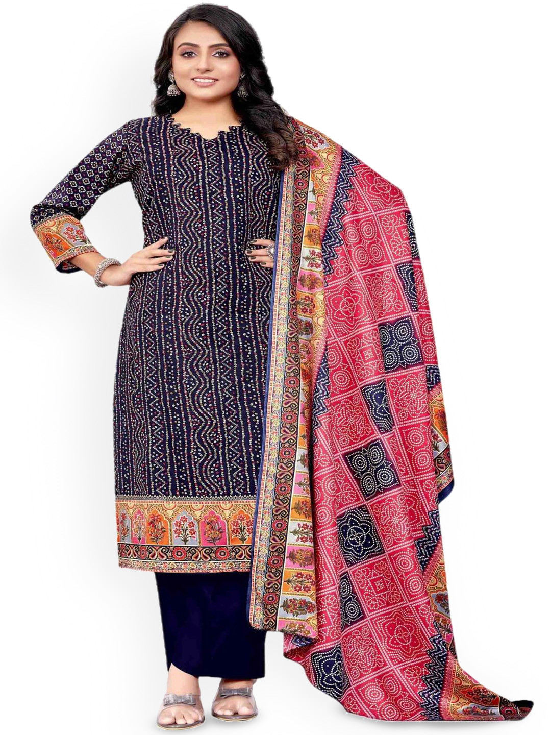 

DRAVINAM Trends Bandhani Printed PashminaUnstitched Dress Material, Navy blue