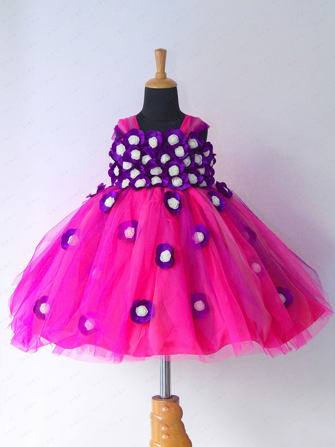 

Li & Li Boutique Girls Rani Pink and Purple Flower Frock With Multi Stripes, Rose