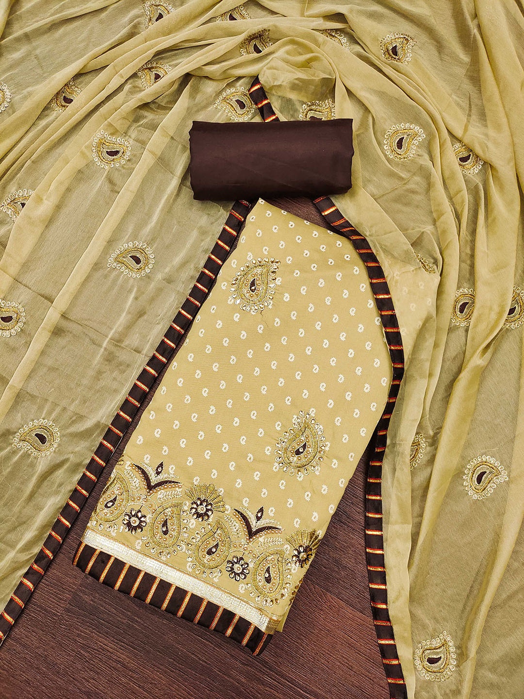 

KALINI Embroidered Pure Cotton Unstitched Dress Material, Beige