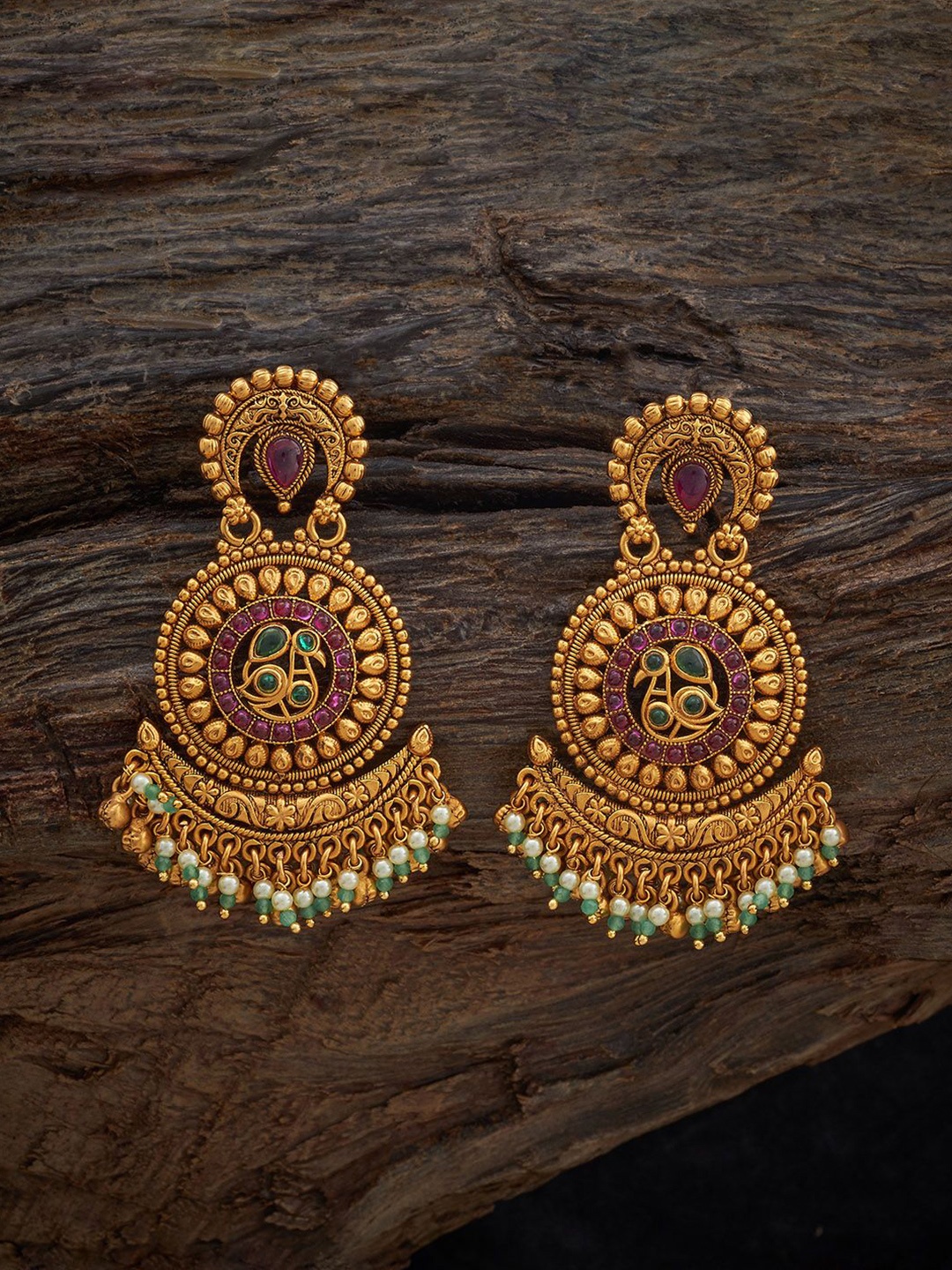 

Kushal's Fashion Jewellery Ruby-Green Gold-Plated Classic Antique Drop Earrings