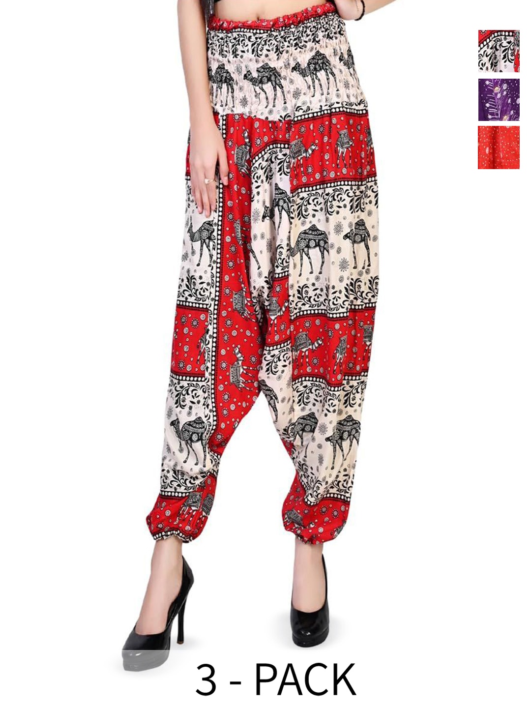 

NarNari Women Pack Of 3 Printed Mid-Rise Harem Pants, Red