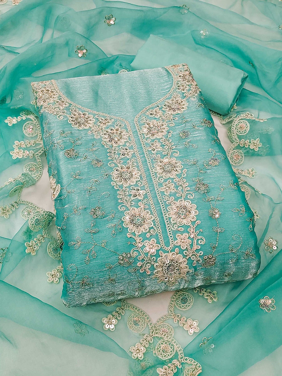 

KALINI Embroidered Pure Silk Unstitched Dress Material, Blue